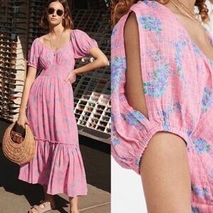 LoveShackFancy Angie Floral Midi Dress Hot Pink